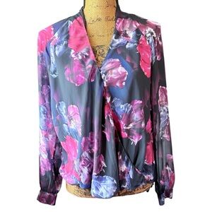 Jennifer Lopez sheer floral blouse faux wrap shirt Women’s size small | d17